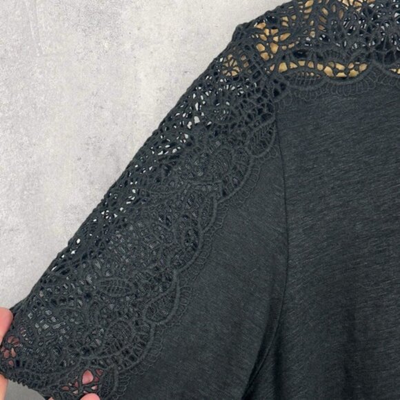 Sezane Lorena 100% Linen Black Top Size XL Lace Embroidery Short Sleeve Blouse - Picture 6 of 12